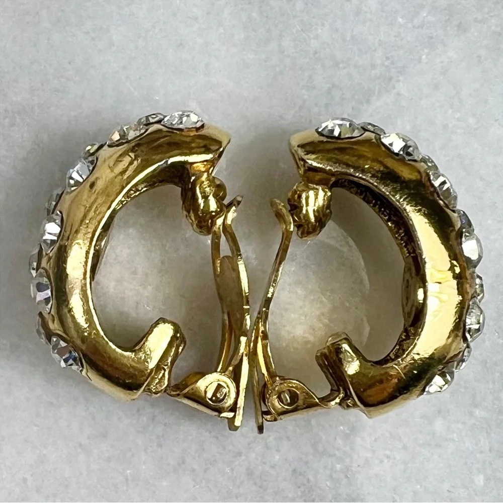 Chanel Vintage Crystal & Gold Plated Half Moon Clip-On Earrings